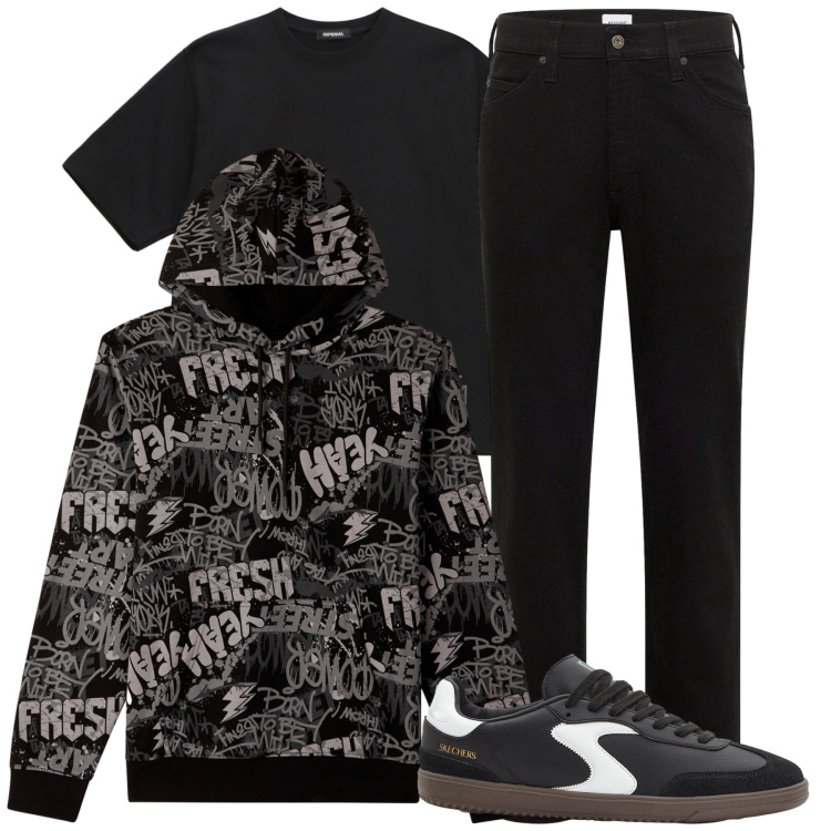 Outfit uomo - Total look #2269261. Stile Casual per Tutti i giorni. Abbinamento con sneakers, jeans dritti, felpe con cappuccio, t-shirt.