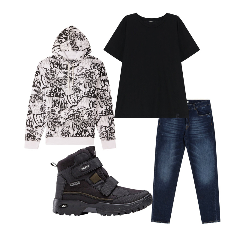 Outfit uomo - Total look #2269265. Stile Casual per Tutti i giorni. Abbinamento con stivali e stivaletti, felpe con cappuccio, jeans dritti, t-shirt.