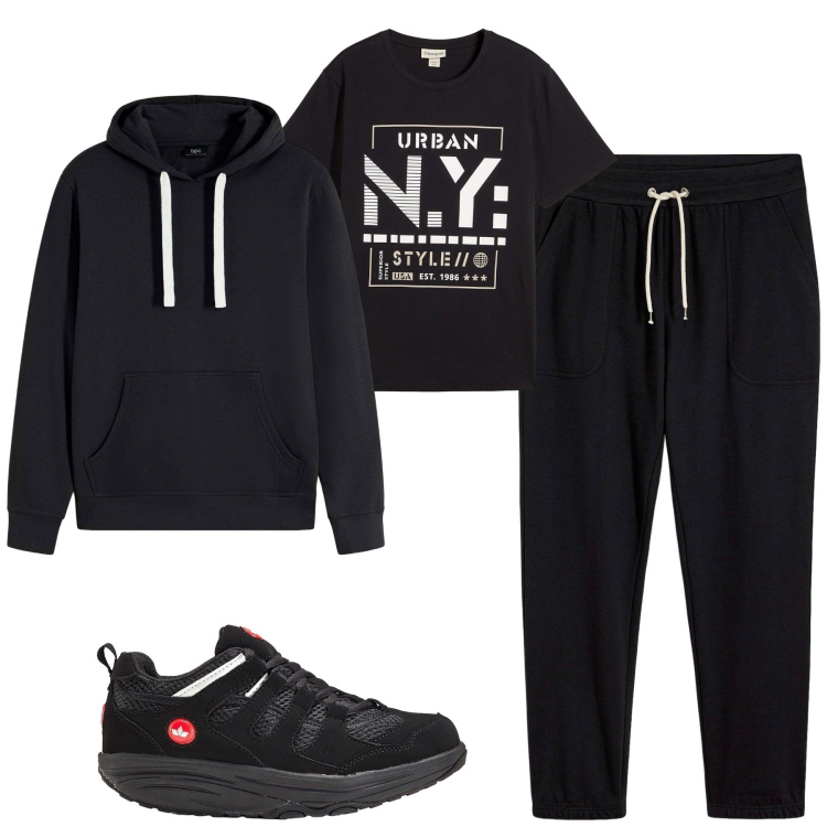 Outfit uomo - Sabato al parco. Stile Casual per Tutti i giorni. Abbinamento con pantaloni sportivi, felpe con cappuccio, sneakers, t-shirt.