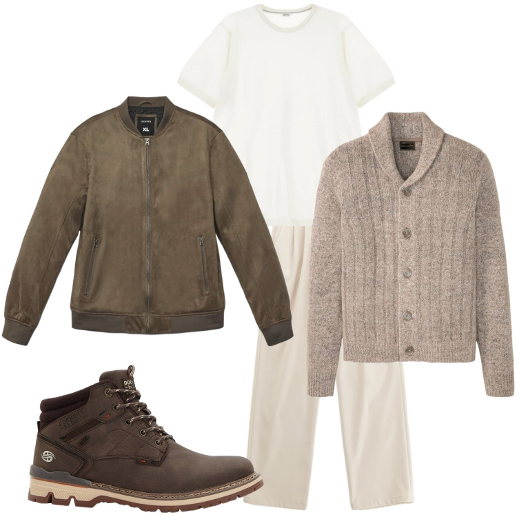 Outfit uomo - Total look #2269289. Stile Casual per Tutti i giorni. Abbinamento con cardigans, stivali e stivaletti, giacche, t-shirt, pantaloni.