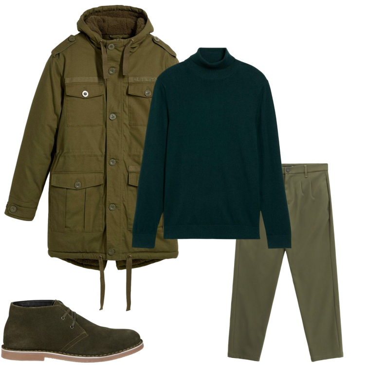 Outfit uomo - Total look #2269296. Stile Casual per Tutti i giorni. Abbinamento con parka, maglieria, pantaloni, stivali e stivaletti.