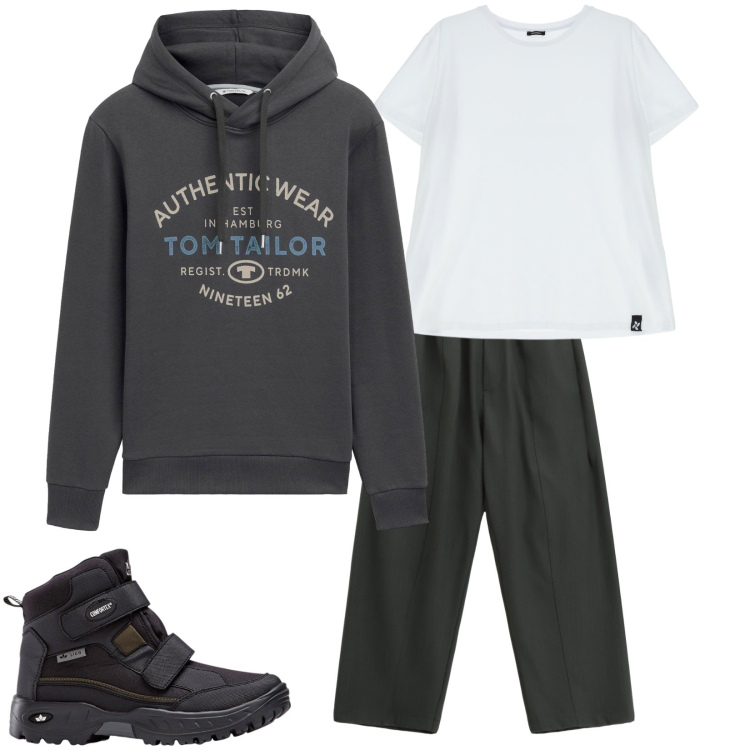 Outfit uomo - Total look #2269297. Stile Urban per Tutti i giorni. Abbinamento con stivali e stivaletti, felpe con cappuccio, t-shirt, pantaloni.