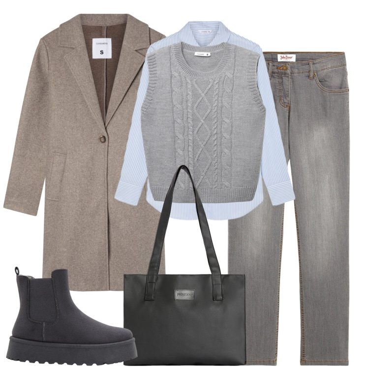 Outfit donna - Università. Stile Casual chic per Scuola/Università. Abbinamento con stivaletti chelsea, jeans dritti, cappotti, maglieria, camicie, shopping bag.
