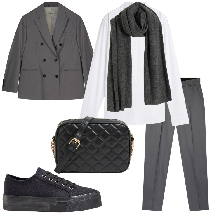 Outfit donna - Total look #2269301. Stile Bon Ton per Ufficio. Abbinamento con sneakers, camicie, sciarpe, borse a tracolla, pantaloni chino, blazer.
