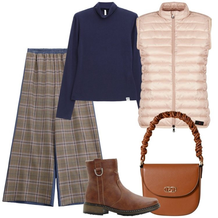 Outfit donna - Pantalone largo. Stile Basic per Tutti i giorni. Abbinamento con stivaletti, pantaloni a palazzo, piumini, borse a mano, maglieria.