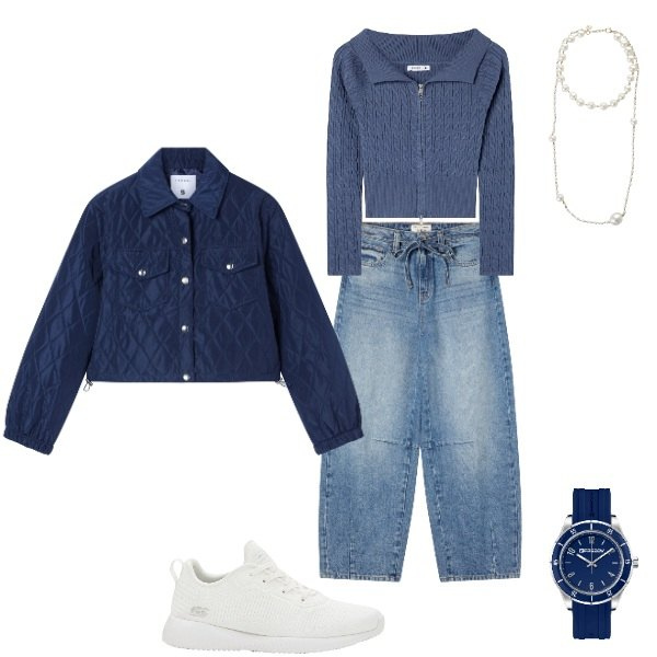 Outfit donna - All in blue. Stile Casual per Tutti i giorni. Abbinamento con sneakers, cardigans, giacche, jeans, orologi, collane.