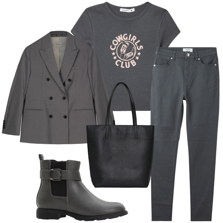 Outfit donna - Total look #2269306. Stile Casual per Tutti i giorni. Abbinamento con stivaletti chelsea, t-shirt, pantaloni skinny, borse tote, blazer.