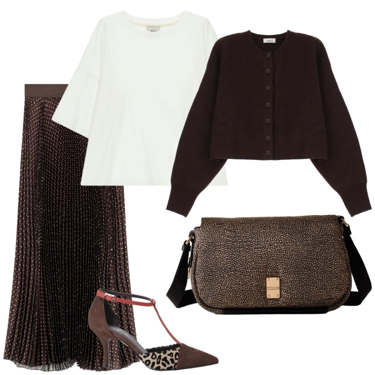 Outfit donna - Cardigan e gonna. Stile Basic per Serata fuori. Abbinamento con décolleté, t-shirt, cardigans, borse a tracolla, gonne lunghe.