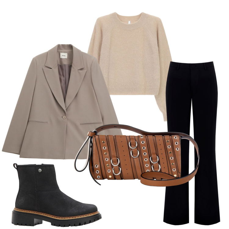 Outfit donna - Total look #2269308. Stile Casual per Tutti i giorni. Abbinamento con stivaletti, blazer, borse a spalla, pantaloni, maglieria.