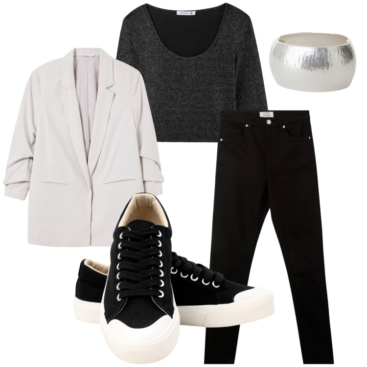Outfit donna - Total look #2269310. Stile Casual per Tutti i giorni. Abbinamento con t-shirt, pantaloni skinny, blazer, anelli, sneakers.