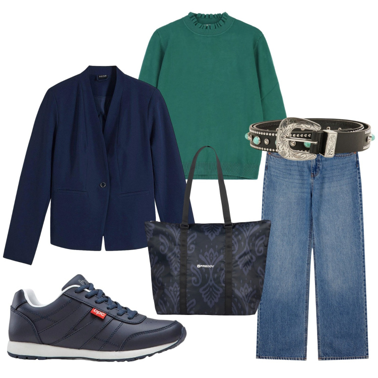 Outfit donna - Total look #2269311. Stile Casual per Tutti i giorni. Abbinamento con sneakers, blazer, jeans, cinture, maglieria, shopping bag.