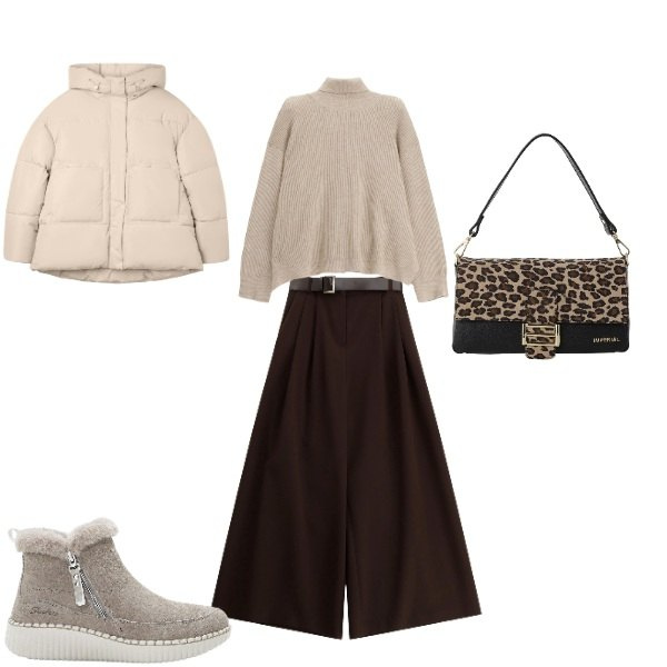 Outfit donna - Al caldo. Stile Casual per Tutti i giorni. Abbinamento con stivaletti, bomber, maglieria, borse a spalla, pantaloni a palazzo.