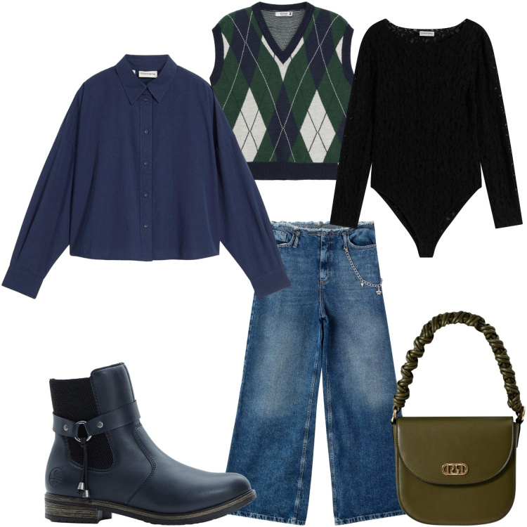 Outfit donna - Total look #2269314. Stile Casual chic per Tutti i giorni. Abbinamento con stivaletti chelsea, body, camicie, jeans dritti, gilet, borse a mano.
