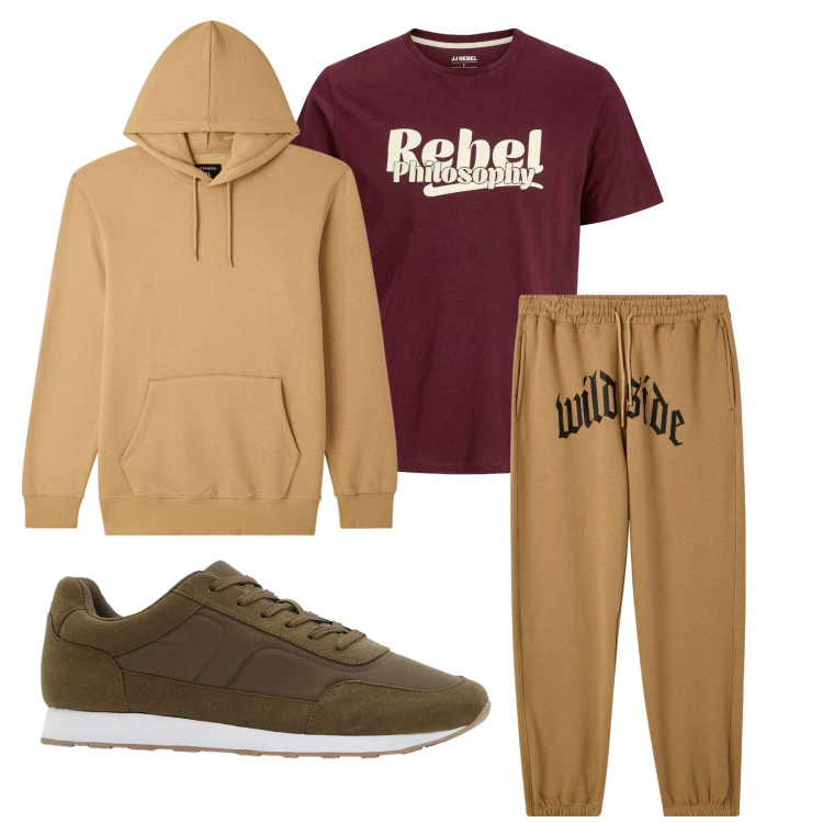 Outfit uomo - Total look #2269315. Stile Trendy per Sport. Abbinamento con sneakers, t-shirt, pantaloni, felpe con cappuccio.
