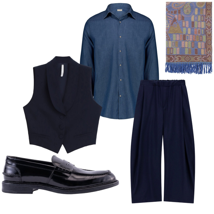 Outfit uomo - Total look #2269338. Stile Trendy per Serata speciale. Abbinamento con pantaloni, sciarpe, gilet, camicie, scarpe stringate.