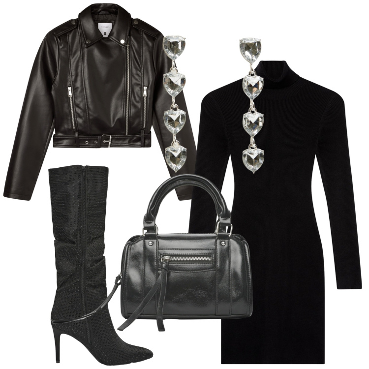 Outfit donna - All black. Stile Trendy per Tutti i giorni. Abbinamento con stivali, orecchini, borse a mano, giacche, vestiti corti.