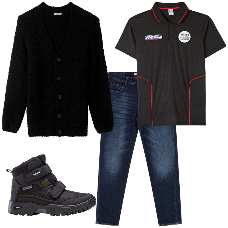 Outfit uomo - Total look #2269368. Stile Casual per Tutti i giorni. Abbinamento con stivali e stivaletti, polo, cardigans, jeans dritti.