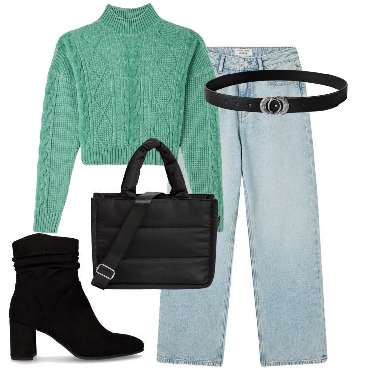 Outfit donna - Easy by Terranova. Stile Basic per Tutti i giorni. Abbinamento con maglieria, shopping bag, cinture, jeans, stivaletti.