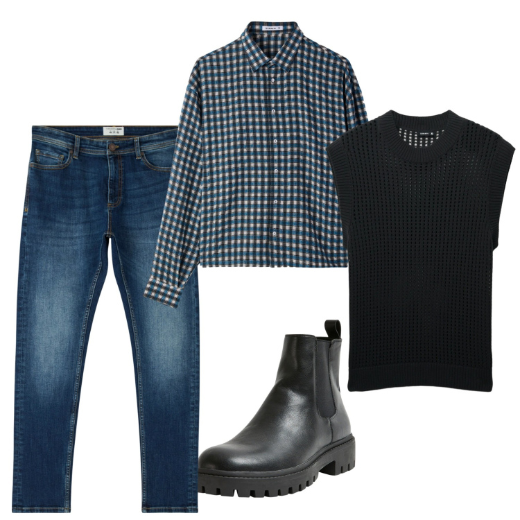 Outfit uomo - Ottobre. Stile Casual per Tutti i giorni. Abbinamento con jeans skinny, stivali e stivaletti, camicie, maglieria.
