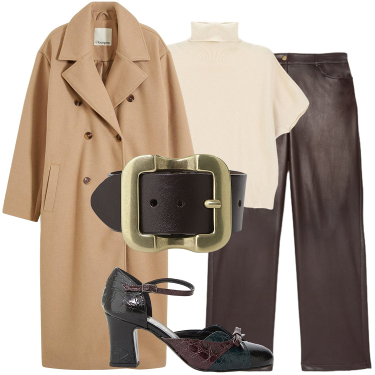 Outfit donna - Break mattutino. Stile Casual per Tutti i giorni. Abbinamento con cappotti, décolleté, cinture, maglieria, pantaloni.
