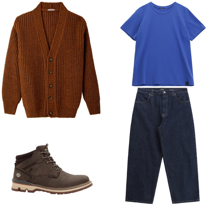 Outfit uomo - Total look #2269451. Stile Casual per Tutti i giorni. Abbinamento con stivali e stivaletti, cardigans, t-shirt, jeans.