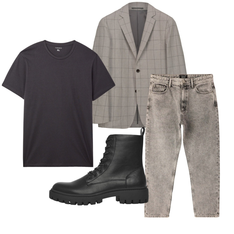 Outfit uomo - Total look #2269476. Stile Casual per Tutti i giorni. Abbinamento con t-shirt, anfibi, jeans dritti, giacche.