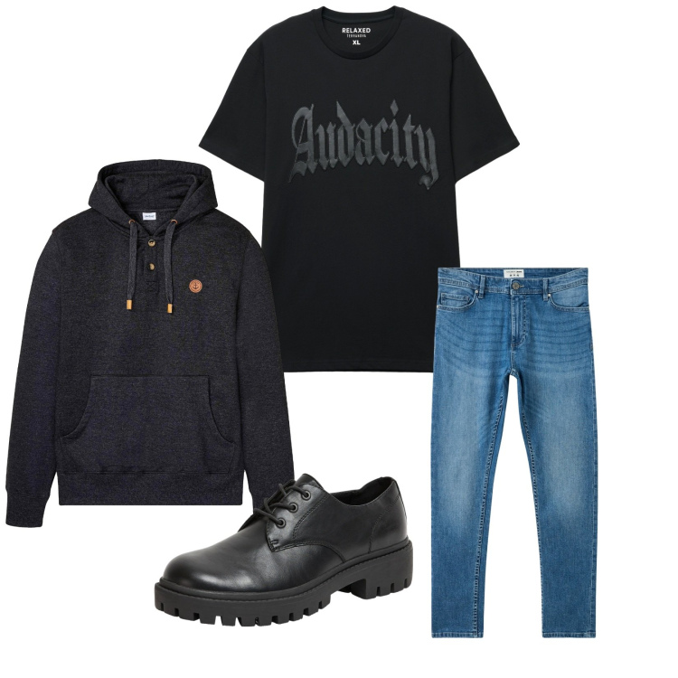 Outfit uomo - Total look #2269481. Stile Casual per Tutti i giorni. Abbinamento con felpe con cappuccio, jeans skinny, scarpe stringate, t-shirt.