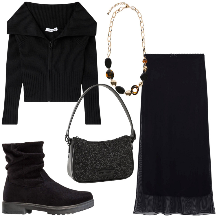 Outfit donna - Total black. Stile Chic per Tutti i giorni. Abbinamento con stivaletti, borse a mano, cardigans, gonne lunghe, collane.