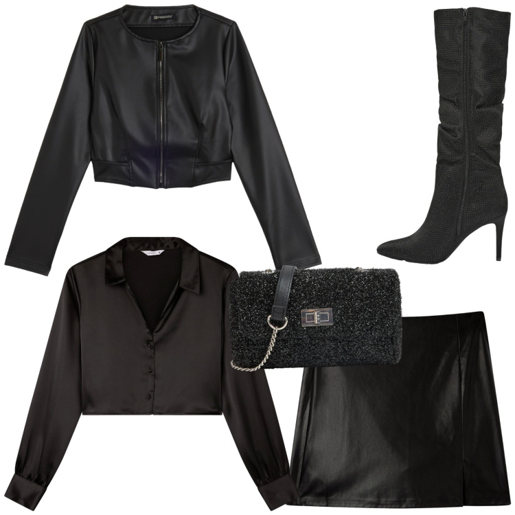 Outfit donna - Dark lady. Stile Sexy per Serata fuori. Abbinamento con borse a tracolla, minigonne, stivali, camicie, giacche.