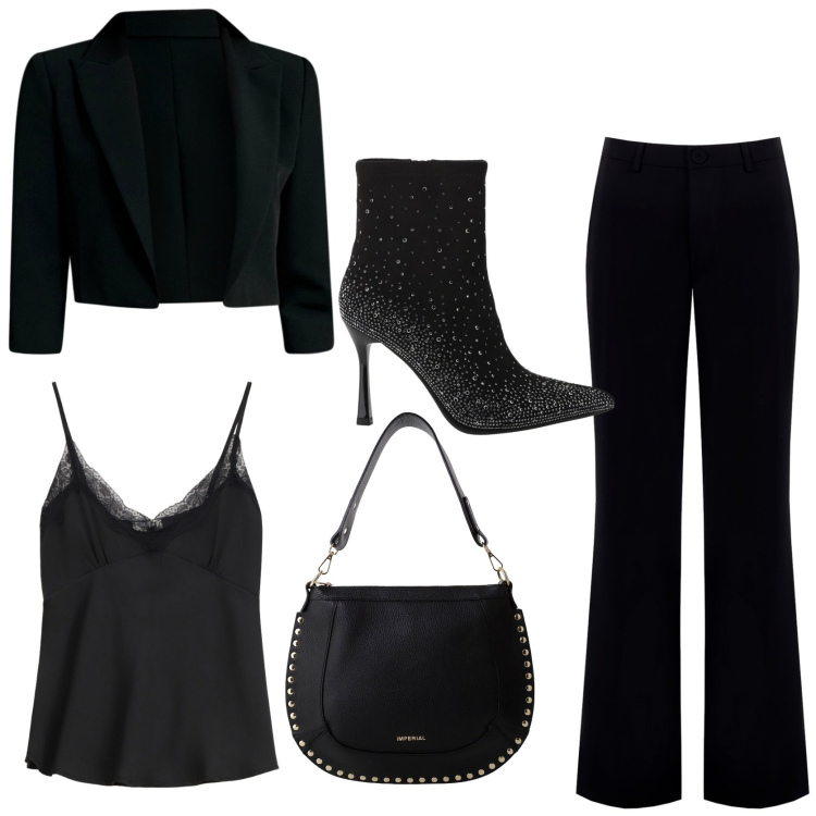 Outfit donna - Sofisticata. Stile Chic per Serata fuori. Abbinamento con bolero, pantaloni, stivaletti, borse a spalla, top.