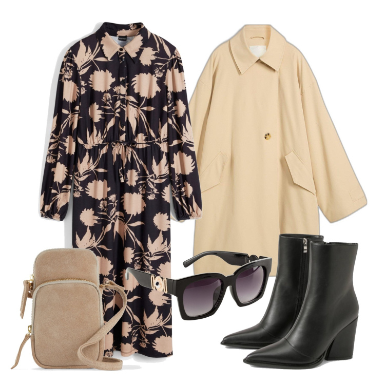 Outfit femme - Octobre. Style Casual chic pour Tous les jours. Assortir avec lunettes de soleil, pochette, robes mi-longues/au genou, imperméable, bottines.