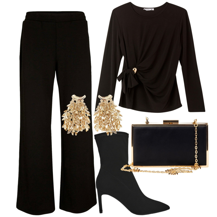 Outfit donna - Serata. Stile Minimal per Serata fuori. Abbinamento con pantaloni a palazzo, bluse, stivali, pochette, orecchini.