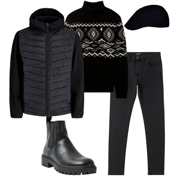 Outfit uomo - Temperatura autunnale. Stile Urban per Tutti i giorni. Abbinamento con giacche, jeans skinny, stivali e stivaletti, maglieria, cappelli e berretti.