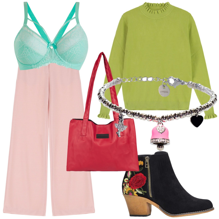 Outfit donna - L autunno colorato è più bello. Stile Trendy per Tutti i giorni. Abbinamento con stivaletti, reggiseni, pantaloni, maglieria, shopping bag, braccialetti.