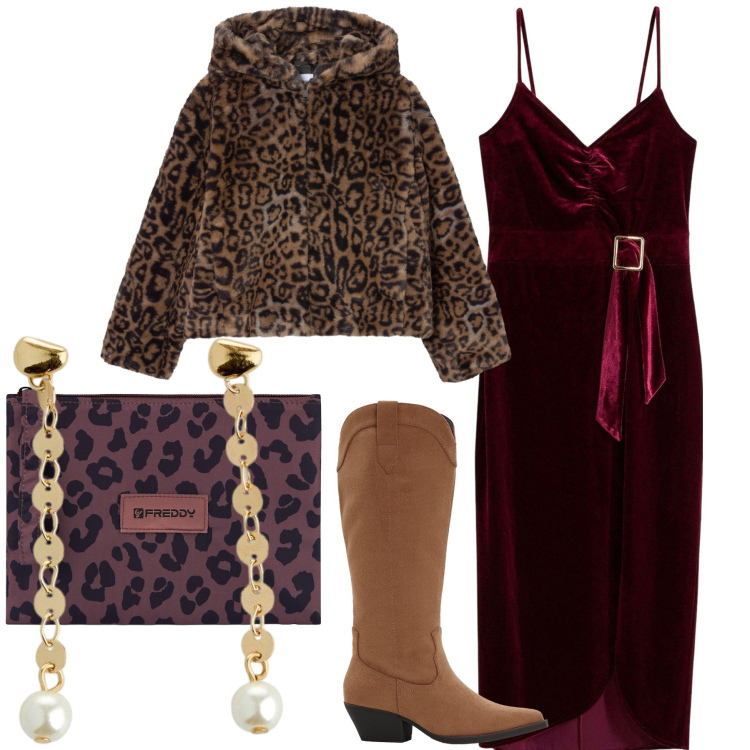 Outfit donna - Ecopelliccia e tubino in velluto. Stile Glamour per Serata fuori. Abbinamento con vestiti midi/longuette, orecchini, stivali, ecopellicce, clutch.
