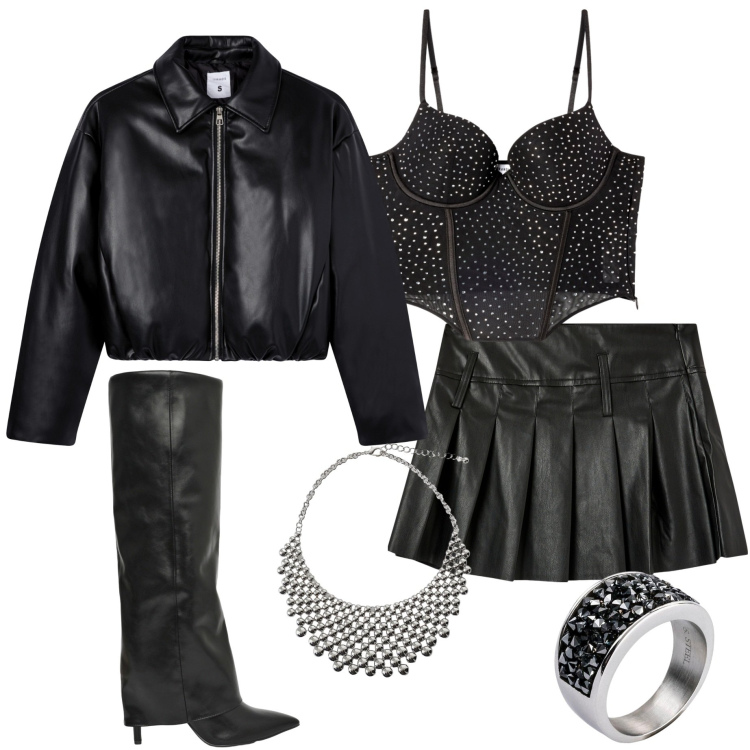 Outfit donna - Spooky halloween. Stile Rock per Serata fuori. Abbinamento con anelli, top, stivali, minigonne, giacche, collane.