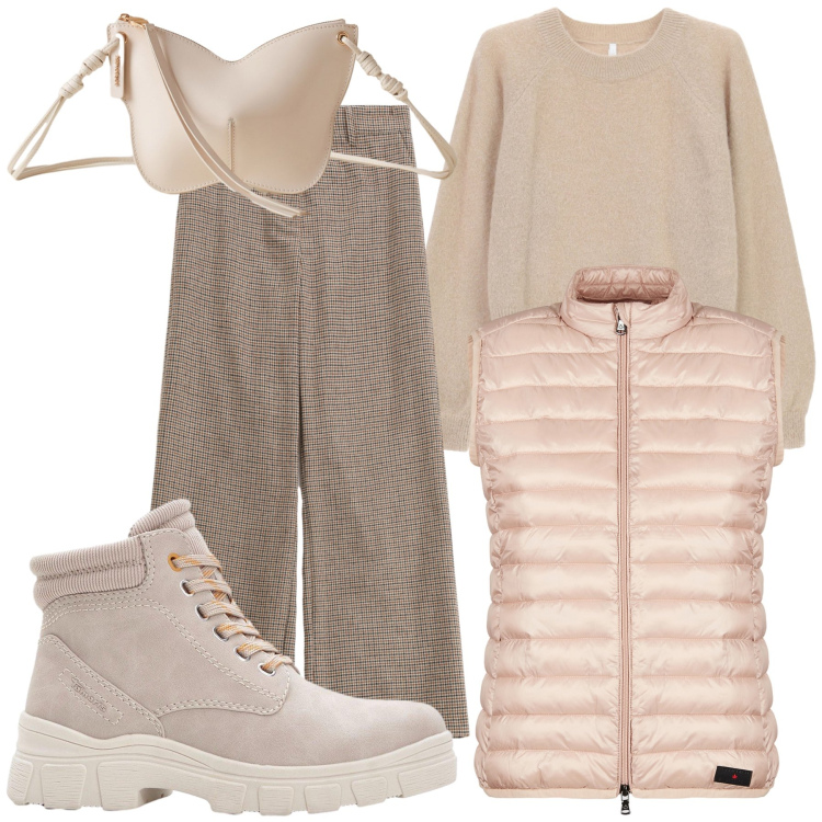 Outfit donna - Stessi toni risultano chic. Stile Casual chic per Tutti i giorni. Abbinamento con stivaletti, pantaloni a palazzo, piumini, borse a tracolla, maglieria.