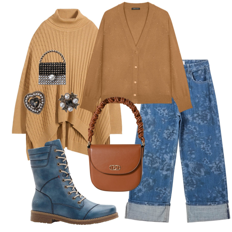 Outfit donna - Total look #2269767. Stile Casual chic per Tutti i giorni. Abbinamento con maglieria, stivaletti, jeans dritti, borse a mano, accessori per capelli, cardigans.