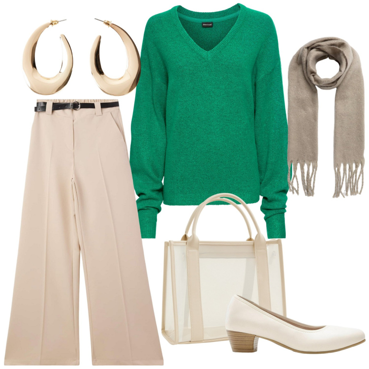 Outfit donna - Un tocco di verde. Stile Chic per Ufficio. Abbinamento con maglieria, décolleté, orecchini, borse tote, pantaloni, sciarpe.