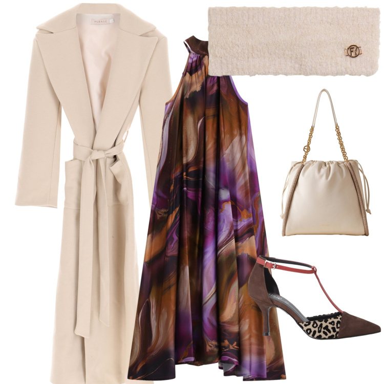 Outfit donna - Cappottino a vestaglia per nozze. Stile Chic per Cerimonia. Abbinamento con cappotti, vestiti midi/longuette, décolleté, fasce per capelli, shopping bag.