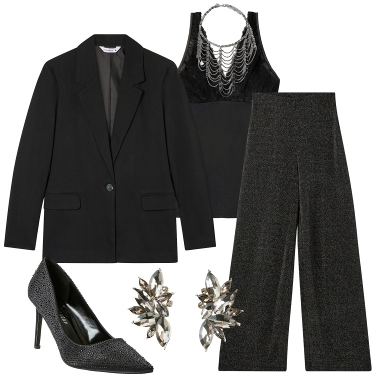 Outfit donna - Spooky halloween. Stile Chic per Serata fuori. Abbinamento con top, orecchini, pantaloni, décolleté, blazer, collane.