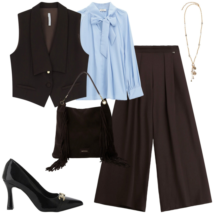 Outfit donna - Total look #2269772. Stile Trendy per Tutti i giorni. Abbinamento con pantaloni a palazzo, bluse, gilet, décolleté, borse a spalla, ciondoli.