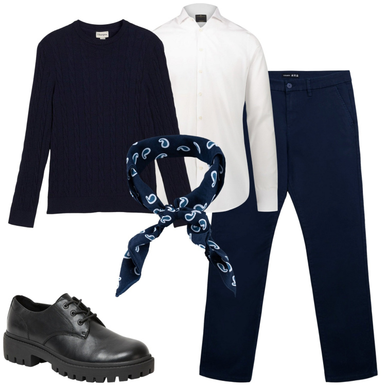 Outfit uomo - Total look #2269775. Stile Urban per Tutti i giorni. Abbinamento con maglieria, scarpe stringate, pantaloni chino, camicie, sciarpe e foulard.