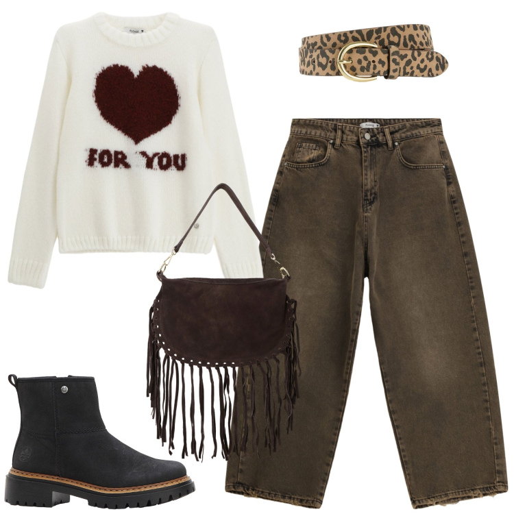 Outfit donna - Total look #2269777. Stile Casual per Tutti i giorni. Abbinamento con cinture, stivaletti, pullovers, pantaloni a palazzo, borse a tracolla.