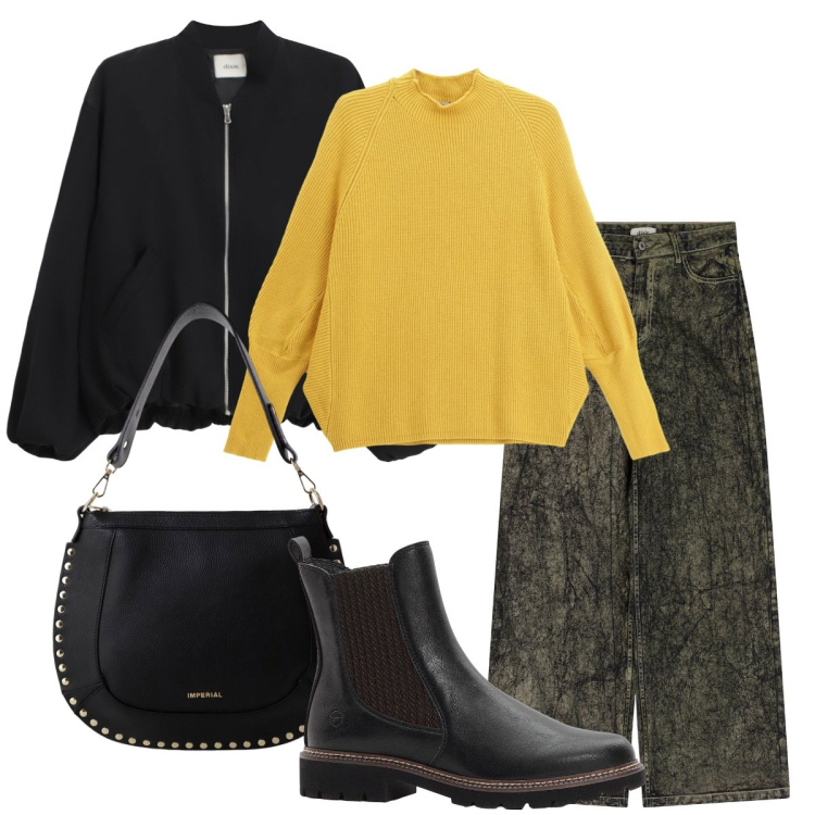 Outfit donna - Il colore che scalda. Stile Urban per Scuola/Università. Abbinamento con stivaletti chelsea, jeans, maglieria, bomber, borse a spalla.