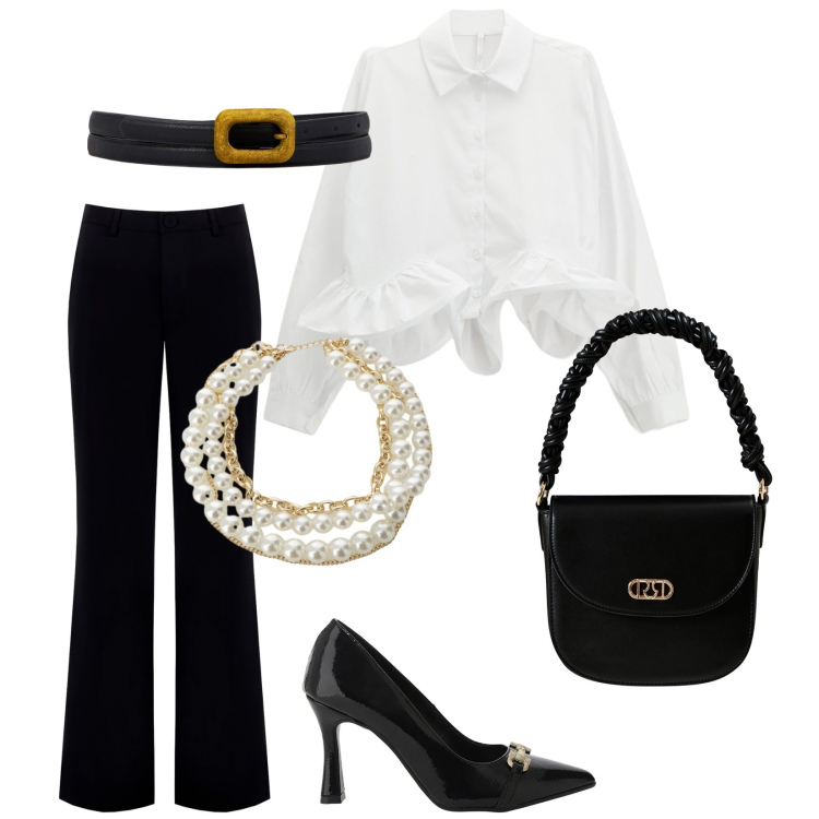Outfit donna - Martedì riunione. Stile Boho per Ufficio. Abbinamento con pantaloni, borse a mano, collane, camicie, décolleté, cinture.