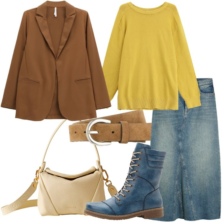 Outfit donna - Un tocco di senape. Stile Urban per Tutti i giorni. Abbinamento con gonne, stivaletti, cinture, pullovers, borse a spalla, blazer.