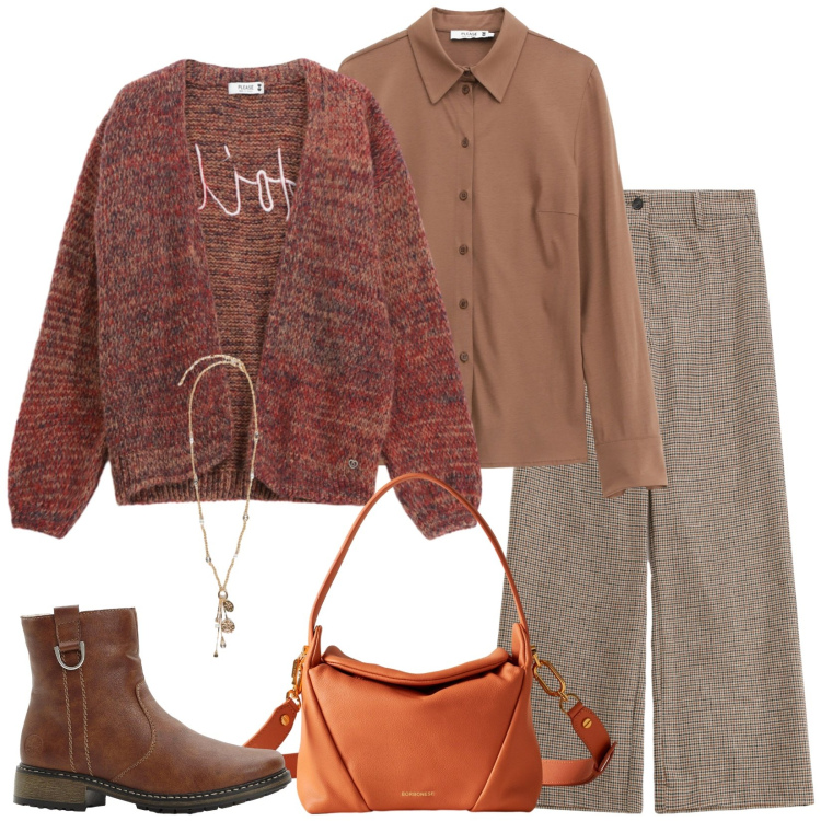 Outfit donna - I pantaloni a quadretti. Stile Trendy per Tutti i giorni. Abbinamento con stivaletti, cardigans, pantaloni a palazzo, camicie, borse a spalla, ciondoli.