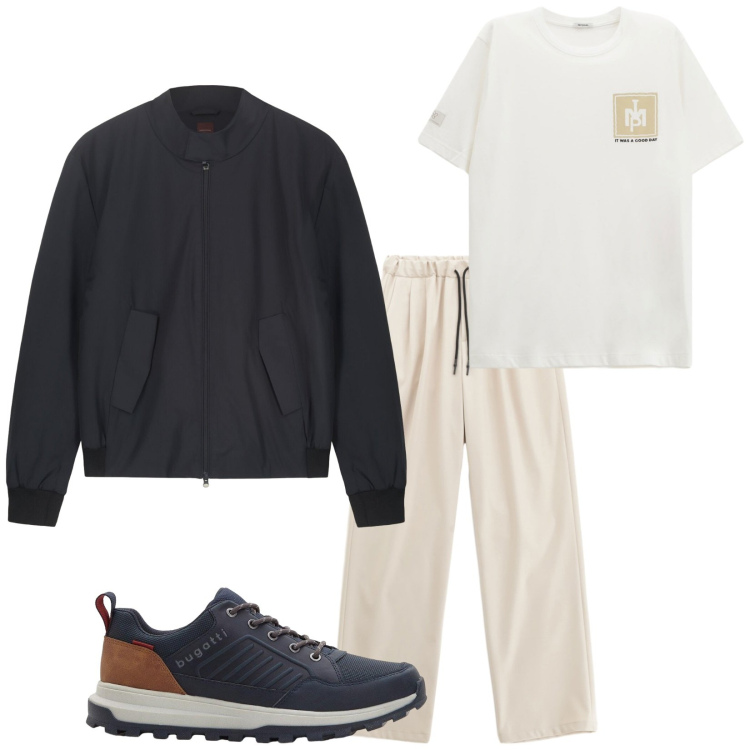 Outfit uomo - Domenica mattina. Stile Casual per Tutti i giorni. Abbinamento con sneakers, pantaloni, t-shirt, bomber.