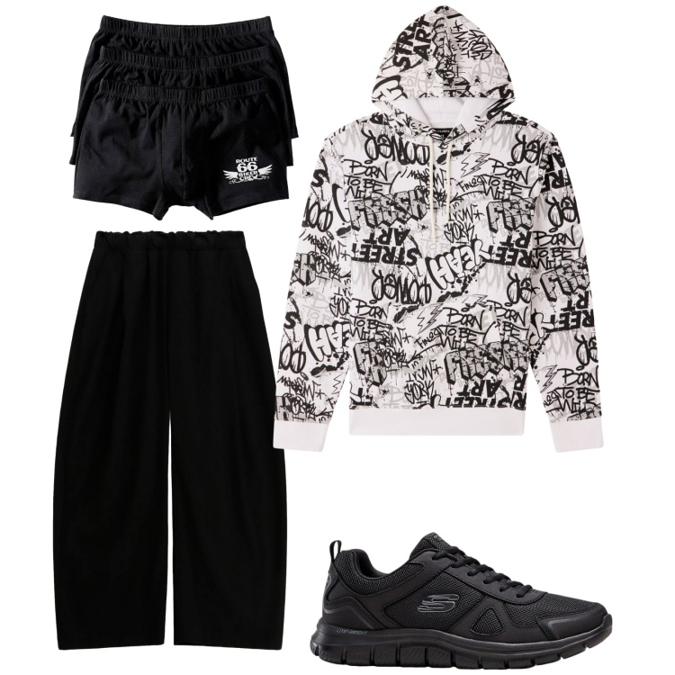 Outfit uomo - Pantaloni baggy-fit. Stile Urban per Tutti i giorni. Abbinamento con boxer, sneakers, felpe con cappuccio, pantaloni.